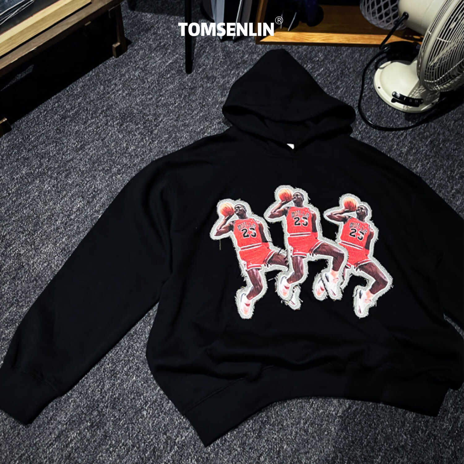 tomsenlin公牛队扣篮赛罚球线迈克尔美式线毯贴布宽松短袖T恤卫衣