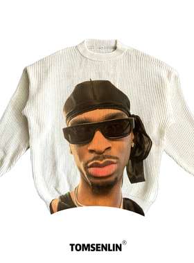 tomsenlin亚历山大SGA鸭梨黑色墨镜恶搞美式康丽印花慵懒休闲毛衣