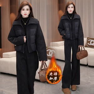 时尚棉服套装女2025冬季新款宽松显瘦加厚保暖毛呢阔腿裤两件套潮