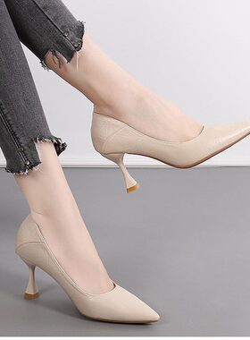 软皮高跟鞋2026夏季新款细跟尖头单鞋女中跟百搭两穿浅口工作鞋女