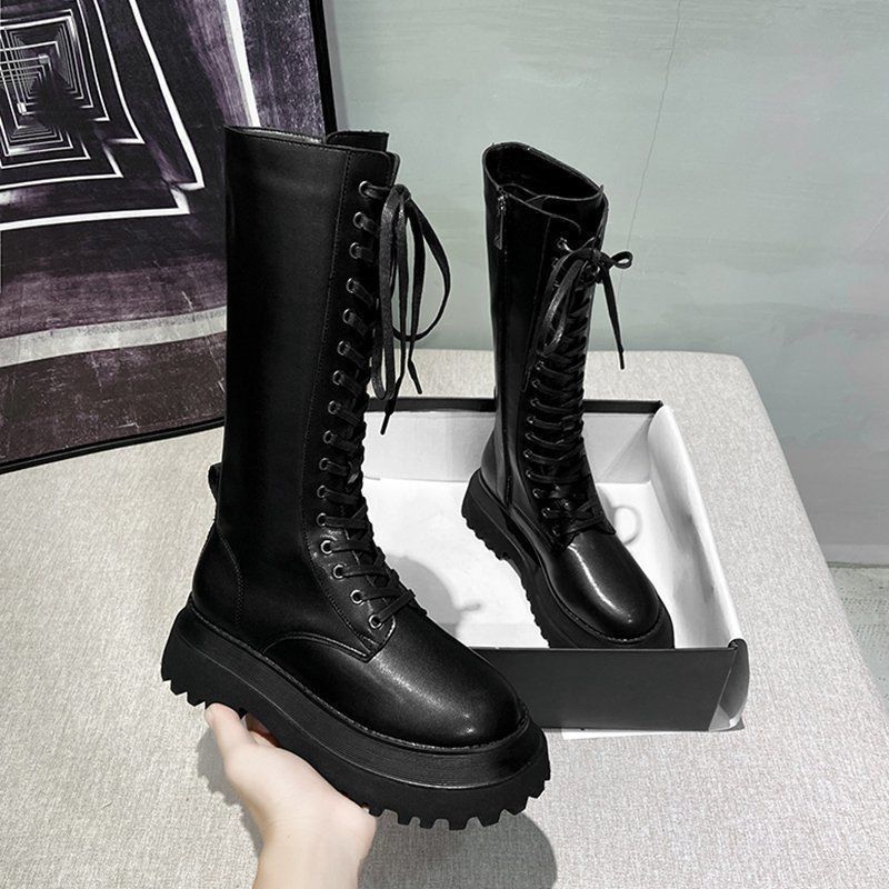 2025秋冬季新款厚底增高马丁靴女系带高帮松糕底不过膝骑士长筒靴