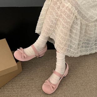圆头玛丽珍鞋 百搭蝴蝶结厚底粗跟小皮鞋 法式 新款 子女复古2025夏季