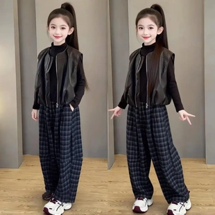 女童新款秋季2026套装春秋韩版外穿宽松皮马甲打底衫裤子三件套潮