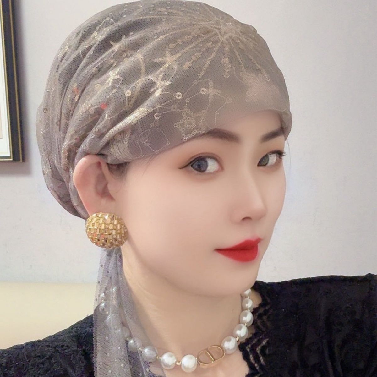 夏季新款烫钻蕾丝包头帽松紧套头妈妈帽宁夏头巾帽女士帽子遮发帽