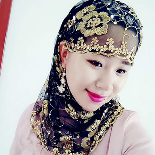 春夏新款穆斯纱巾回头巾披肩绣花盖头中老年方便套头礼拜纱巾