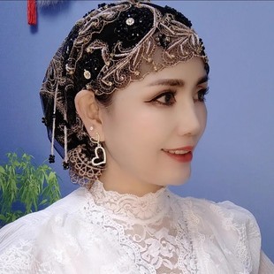 包头帽鱼尾帽手工串珠流苏帽回族帽子蕾丝时尚盖头遮发头巾帽