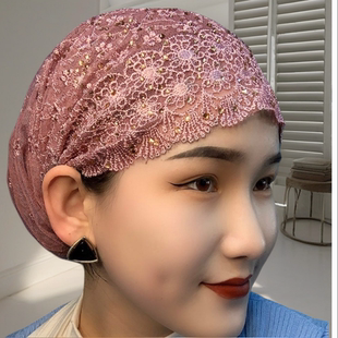 夏季新款烫钻蕾丝包头帽松紧套头妈妈帽宁夏头巾帽回族帽子遮发帽