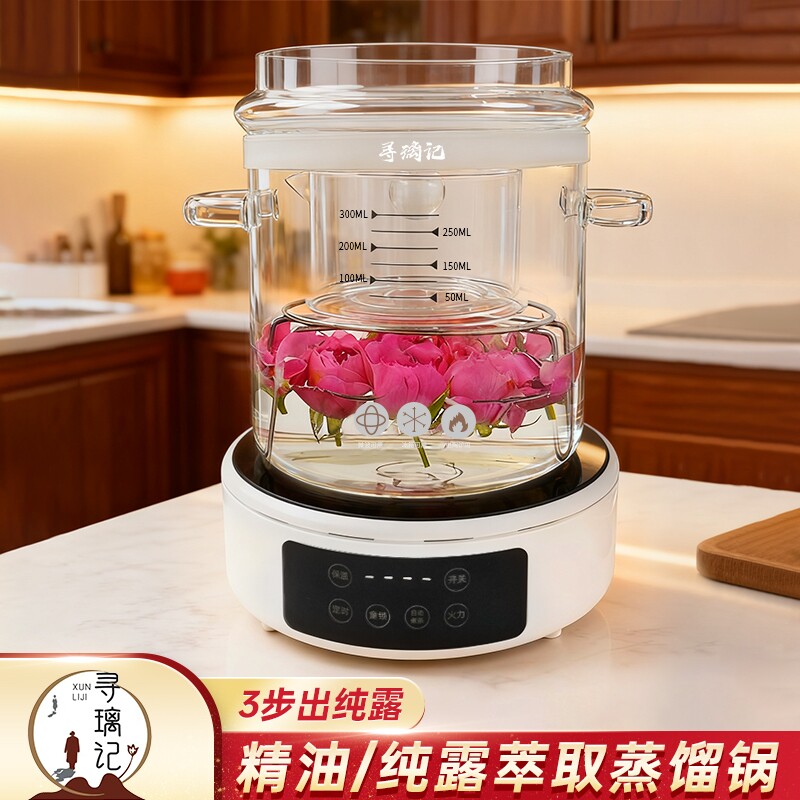 纯露专用高硼硅耐热玻璃蒸馏锅家用小型纯露精油提取器无孔盖子锅图片