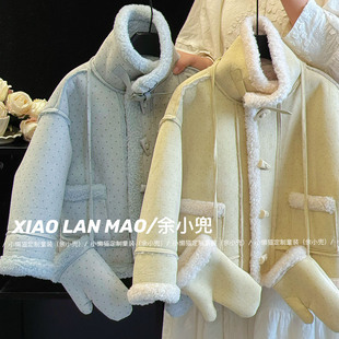 女童巨软皮毛一体外套25年冬季儿童女孩波点羊羔绒鹿皮绒保暖大衣