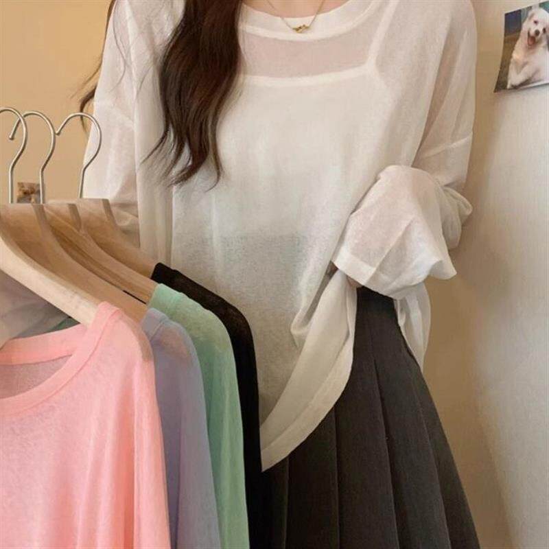 薄款防晒长袖T恤女夏季韩版2026新款糖果色宽松外穿上衣空调罩衫