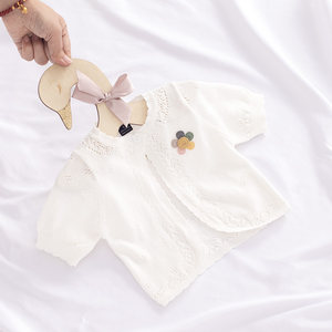 婴儿空调衫薄款女童小外套新生宝宝针织开衫公主镂空夏季短袖披肩