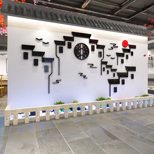 中式古典徽派屋檐建筑墙贴纸中餐馆墙面装饰火锅饭店背景墙壁贴画