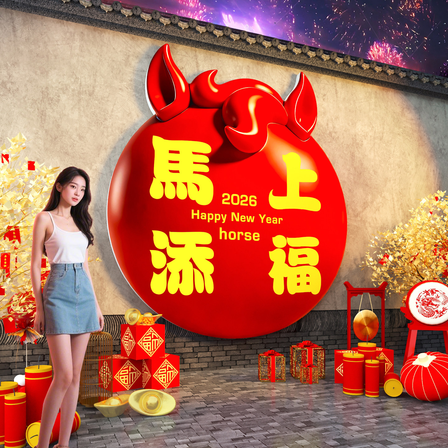 2026马年背景墙装饰新年氛围布置春节打卡拍照区网红墙贴户外造景,家居饰品,文化墙贴,淘宝优惠券,粉丝福利购,淘宝优惠卷