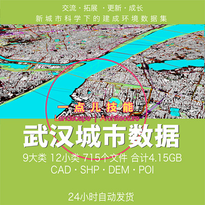 武汉城市GIS数据矢量SHP建筑用地路网水系绿地行政区CAD POI  DEM