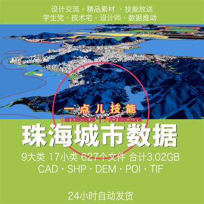珠海城市GIS数据SHP矢量建筑用地CAD绿地路网水系行政区划POI DEM