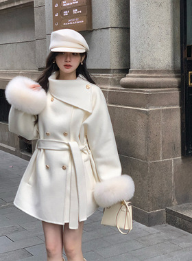 韩系千金围脖双面羊绒大衣袖口毛斗篷毛呢外套女腰带冬装25年新款