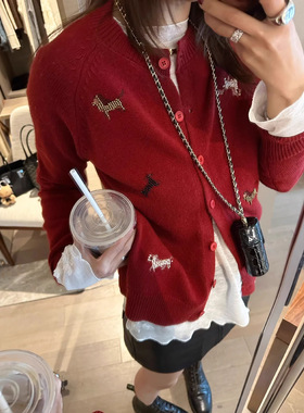韩系休闲软萌可爱小马刺绣绵羊毛针织开衫女2026早春时尚毛衣