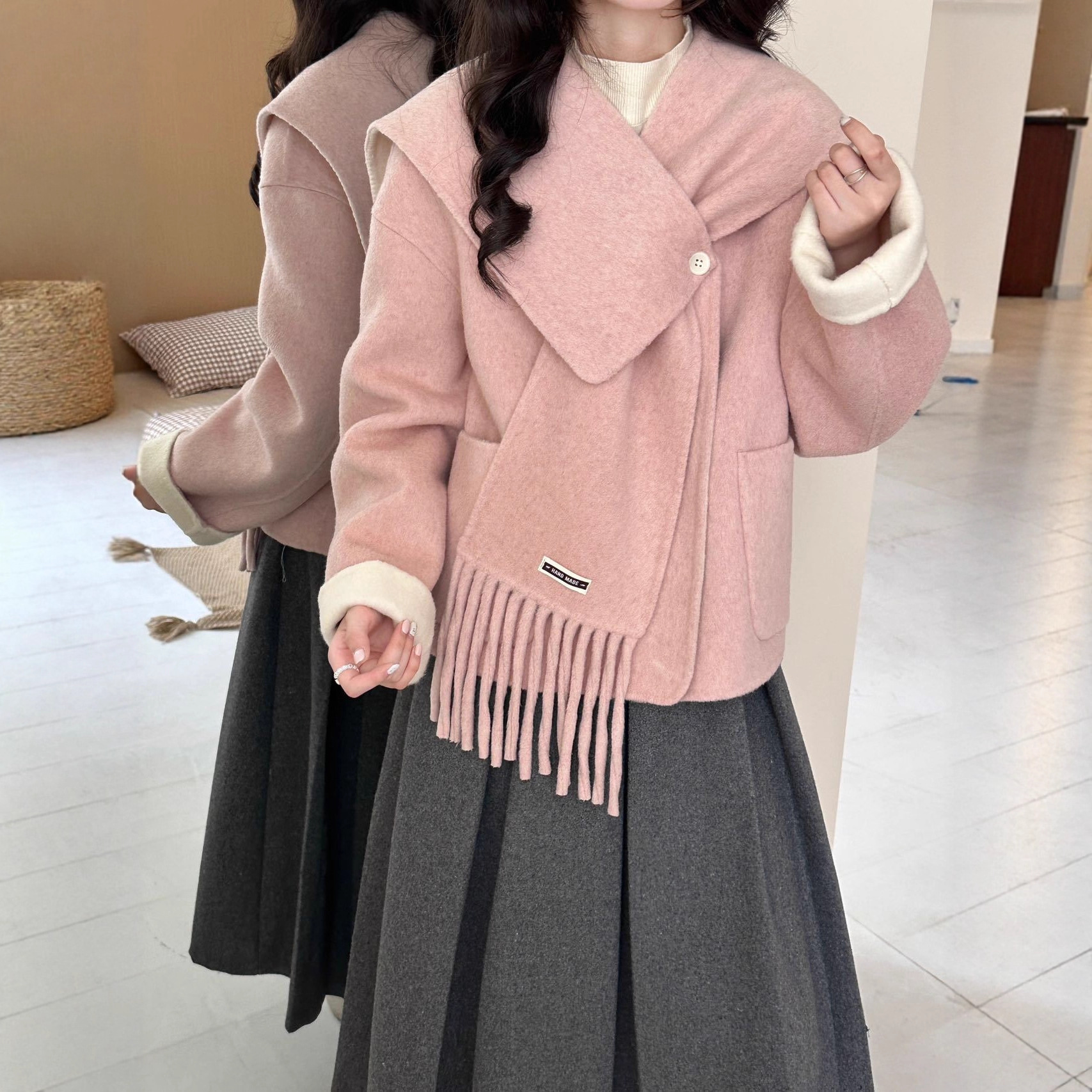 2025新款围巾领可脱卸双面羊毛大衣 小个子加厚保暖流苏羊绒外套