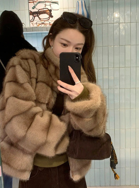 横排仿水貂“千层布郎尼”冬季新款小立领环保皮草毛毛外套女