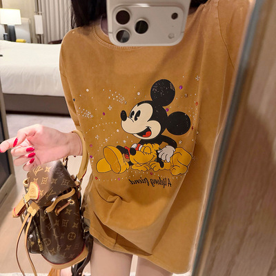 重工烫钻米奇做旧短袖T恤女宽松显瘦卡通童趣减龄上衣