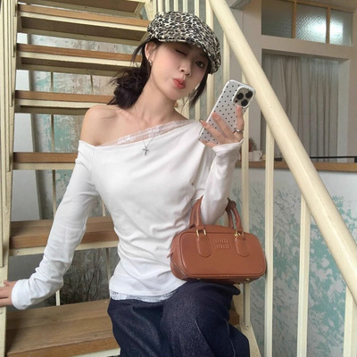 一字肩白色蕾丝斜肩长袖t恤女内搭春秋冬薄款修身短款打底衫上衣