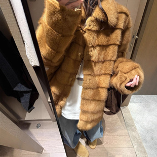 收藏级中古风old money精仿丝滑水貂毛环保皮草女翻领毛毛外套