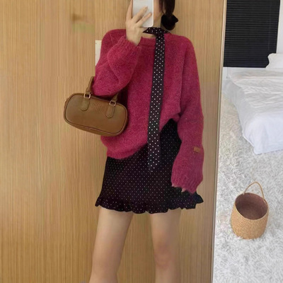 韩系慵懒风软糯圆领套头毛衣女秋冬新款宽松百搭打底针织衫上衣女