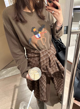 2026早春节日氛围感趣味小马刺绣印花长袖打底T恤衫女内搭上衣