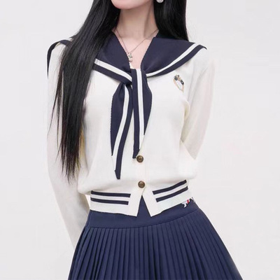 学院风撞色海军领刺绣徽章长袖针织开衫女装减龄百搭上衣毛织衫