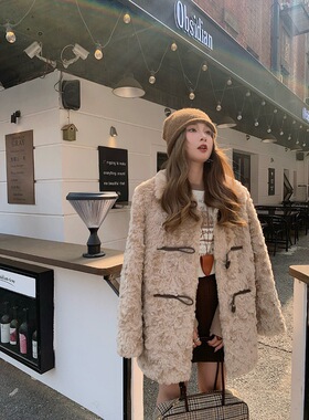 微胖mm 牛角包 2025冬季新品牛角扣含羊毛环保皮草外套