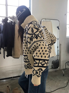 韩版ins 秋冬新款复古花纹粗针厚实高领双拉链针织毛衣外套 女