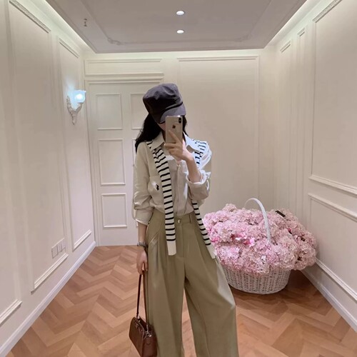 高品质~RL正确原2026新款韩系小马刺绣条纹披肩+衬衫+长裤套装