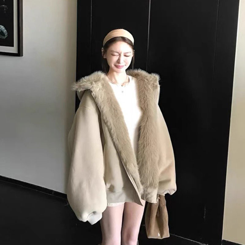 绒绒小雪人 正反两穿定染环保仿皮草保暖连帽卫衣外套