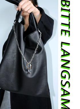 载迟24秋冬新原创设计 柔软PU金属链条单肩包 小众潮酷黑色托特包