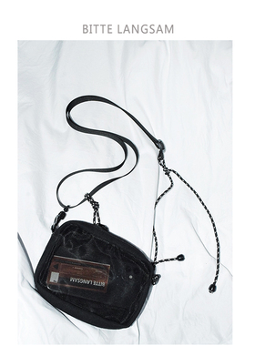 载迟2021反光绳旅行随身小挎包休闲露营黑色帆布手机包mini斜挎包