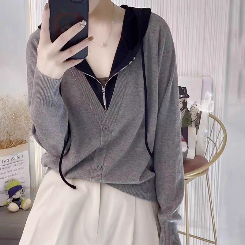 秋装拼接撞色半拉链连帽针织衫