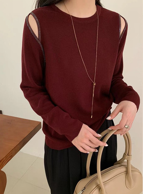 欧洲站2025春季新款安哥拉红露肩钉珠长袖打底衫女圆领羊毛针织衫