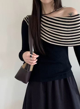 2025早秋新款韩版一字肩条纹拼接长袖针织衫女修身显瘦百搭毛衣