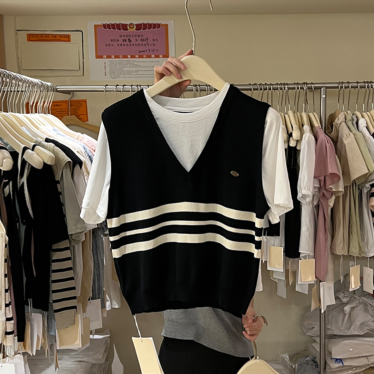 夏装新款韩系学院风假两件短袖