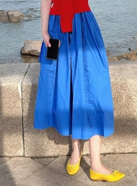 法式赫本风伞裙女早秋新款ootd蓝色半身裙多巴胺港风松紧腰半身裙