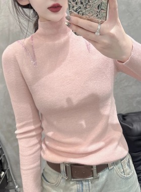 半高领长袖针织衫女春季新款蕾丝镂空烫钻高级感修身内搭打底上衣