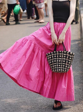 玫粉色拼接层次感半身裙女2025夏季新款时尚小众高腰遮胯减龄长裙