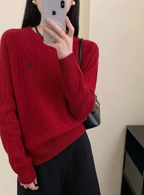 2025年春季新款韩系麻花圆领软糯毛衣老钱风刺绣长袖针织衫上衣女