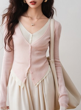 时髦设计师款粉色假两件针织开衫女早秋2025新款撞色收腰显瘦毛衣