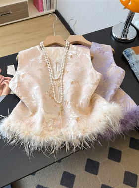 新中式国风提花驼鸟毛夹棉马甲女冬季新款汉服保暖背心打底衫套装