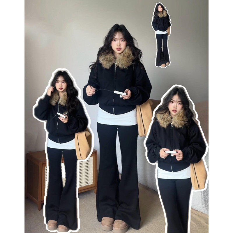 黑色连帽加绒卫衣女秋冬