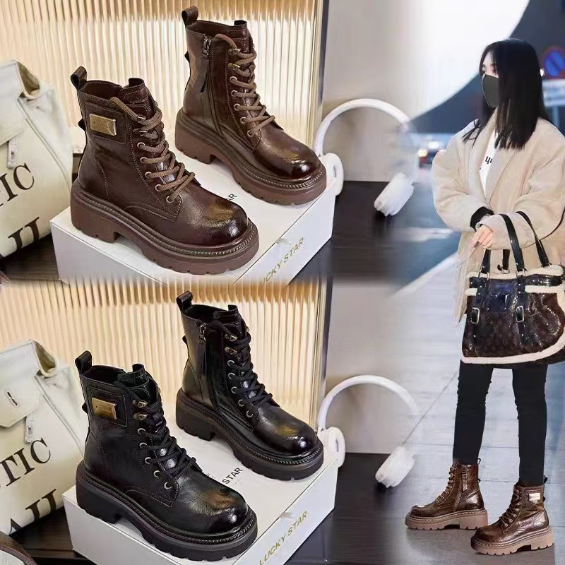 短筒纯羊毛粗跟牛剖层革女鞋靴子马丁靴牛剖层革春秋2024