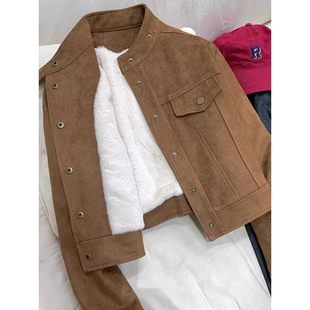 通勤短款麂皮夹克女冬2025新款超好看毛绒夹棉加厚百搭小个子外套