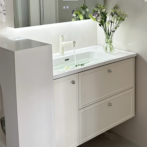 轻法式奶油风橡木烤漆浴室柜组合陶瓷一体盆洗手洗脸洗漱台盆镜柜