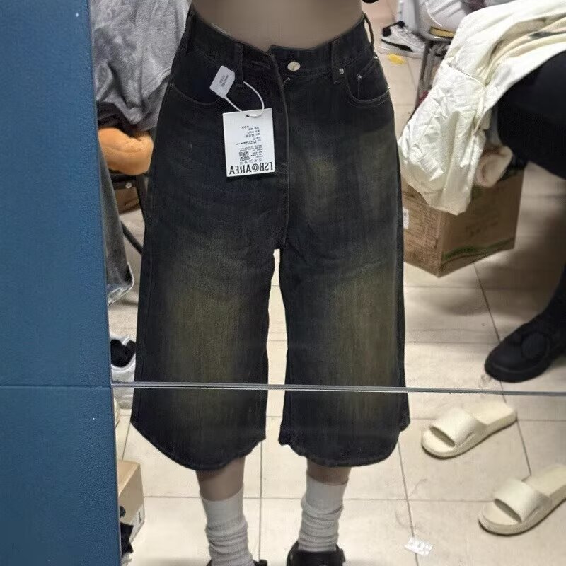 大码胖MM做旧水洗灰七分牛仔裤女夏季高宽松阔腿显瘦百搭直筒中裤